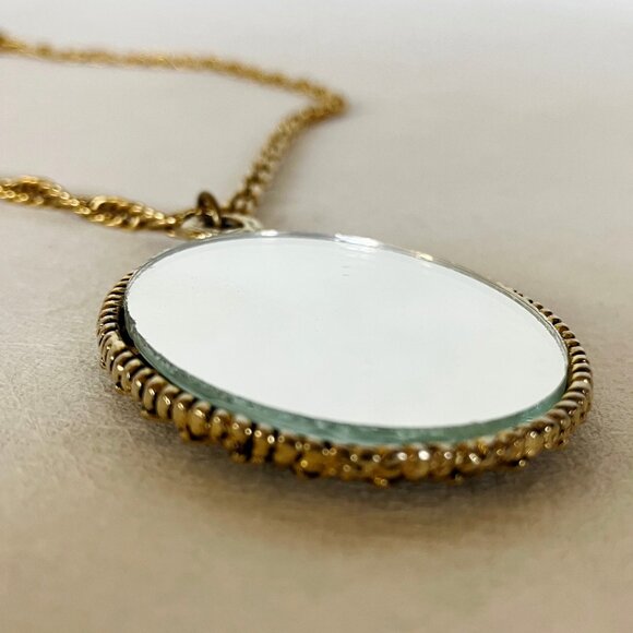 Rose Cameo Pendant Link Chain Necklace Ornate Gold Tone Metal Frame Mirror Back - Picture 7 of 10